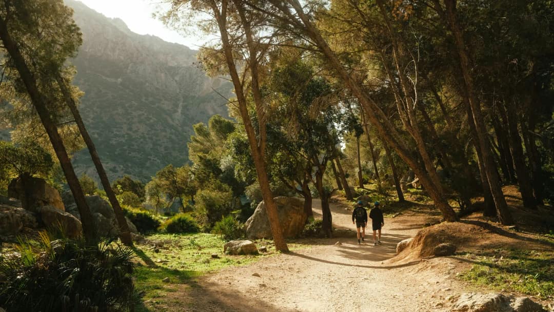 Dwie osoby w kaskach idące leśną ścieżką dojściową do Caminito del Rey